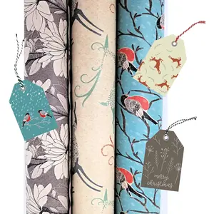 Christmas Wrapping Paper Set - Elegant Snow Birds,  & Ice  (Printed Brown ) - 30" x15' Rolls, 112.5 Sq. Ft Total, Includes  Tape & Foil-Stamped Matching Tags