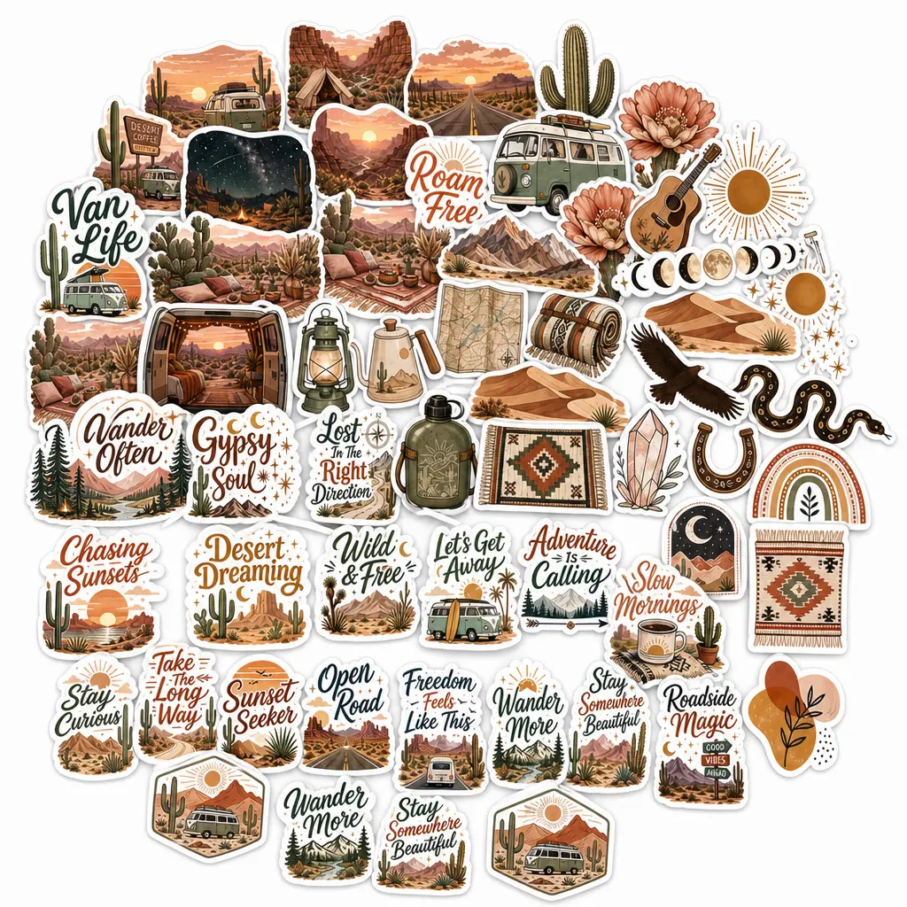 Boho Desert Van Life Stickers Pack - 60 Waterproof Vinyl Die-Cut Decals, Campers Party Favors, Original Art with Moons, Guitars, Lanterns, Cactus Scenes, Desert Highways, for Laptops, Water Bottles, Rooftop Tents