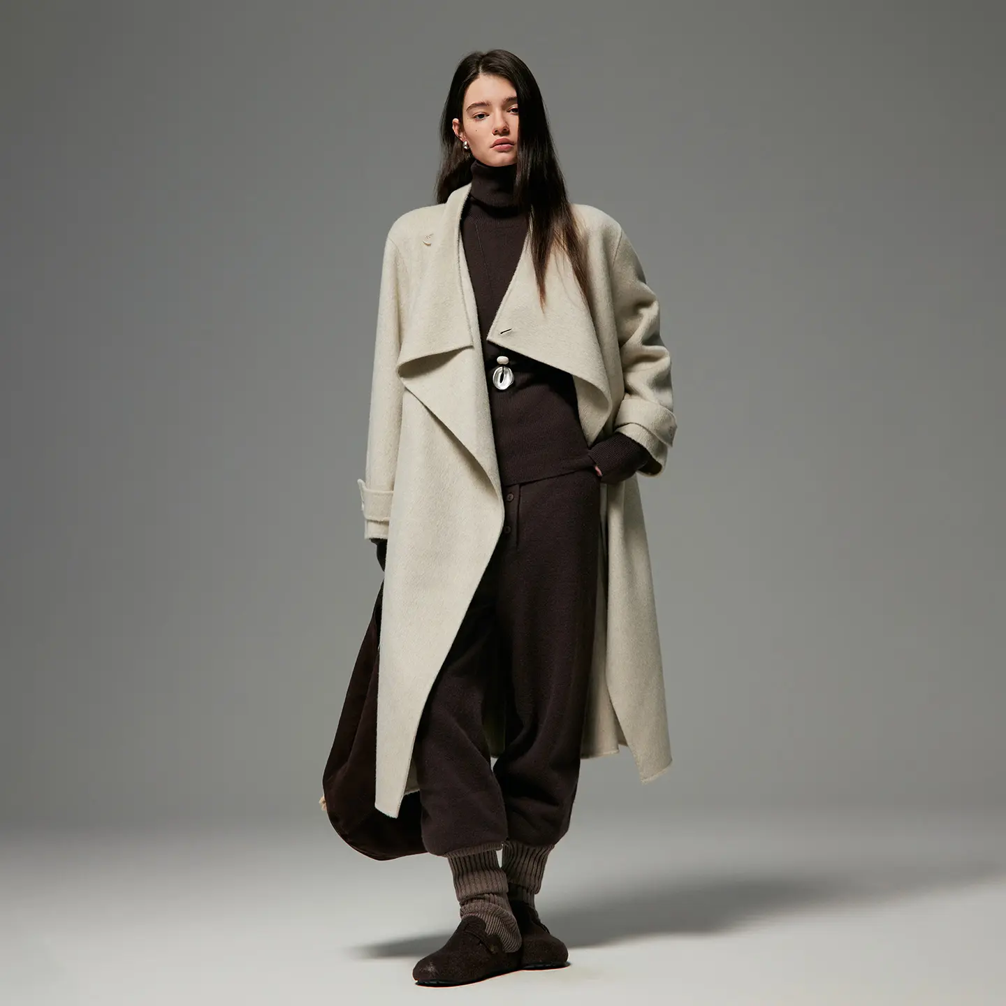 Women’s Bespoke Double-Face Merino Wool Jacket, Draped Collar Oversized Loose Mid Winter Coat
