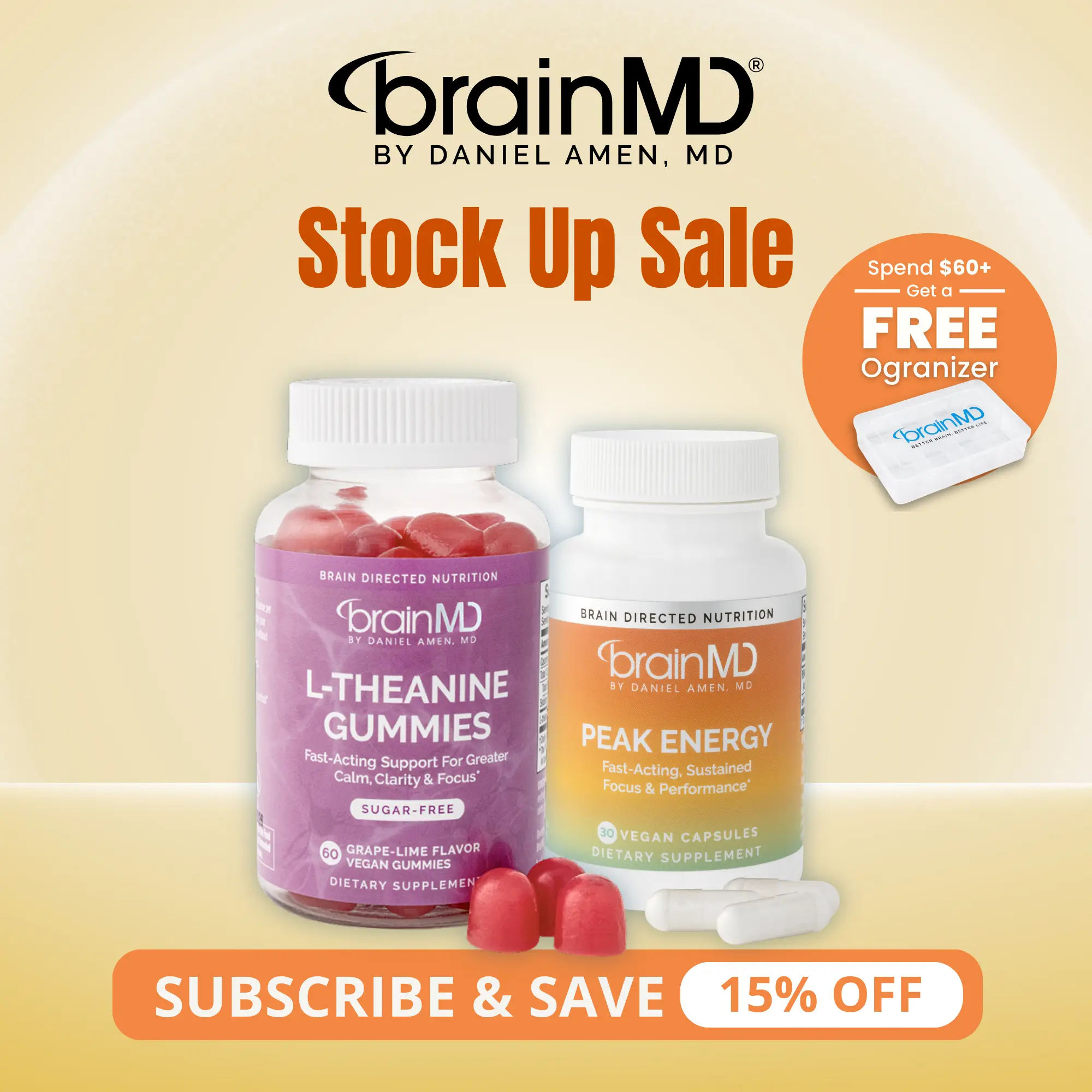 Calm Energy Bundle | BrainMD | Peak Energy 30 Capsules & L-Theanine Gummies 60 Count | Energy & Calm Support | Focus & Stress Relief | PeakATP & L-Theanine