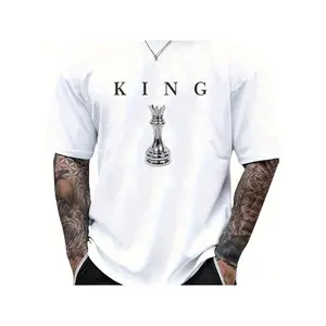 Men's casual round neck retro fashion comfortable loose single-sided printed T-shirt - Letter KING Men's black chess king pattern print |     Casual short-sleeved round neck T-shirt short-sleeved top