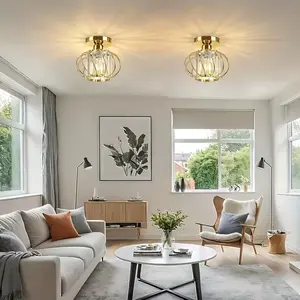 Semi-Recessed Ceiling Light Featuring A Crystal Shade And An Industrial-Style Metal Cage Design Compatible With E26 Base Sockets Suitable For Corridors Foyers Kitchens Bathrooms And Other Indoor Spaces Easy To InstallLight Bulbs Need  Purchased Separately