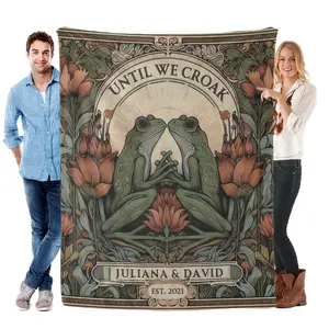 Custom Names Until We Croak Frog Couple Art Nouveau Blanket  Vintage Floral Lover Frog Customized Flannel Throw Blanket Personalized Couple Name & Date Frog Romantic Cozy Blanket For Bedroom