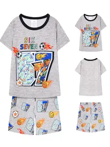 Boys' 2-Piece Short Set Digital Print Football Basketball Cartoon Pattern, Casual Comfortable Home Sleepwear, Fitted H-Type