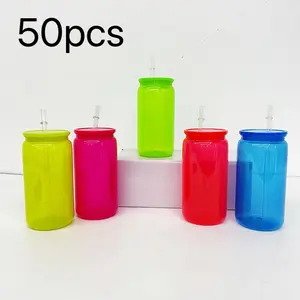 50 pcs 16oz neon fluorescent plastic jar cups with coffee-colored PP lids from the American warehouse These cups are available in neon fluorescent colors