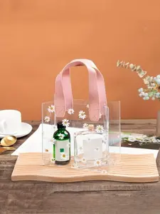 Daisy Pattern Clear Tote Bag, Transparent Handbag with Wooden Handle, Travel Organizer for Women & Girls, Gift Bag for Party, Travel, Daily Use, Fashionable Shopping Bag