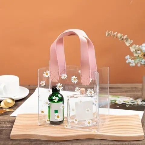 Daisy Pattern Clear Tote Bag, Transparent Handbag with Wooden Handle, Travel Organizer for Women & Girls, Gift Bag for Party, Travel, Daily Use, Fashionable Shopping Bag, Shopping Totes, Flower Bags
