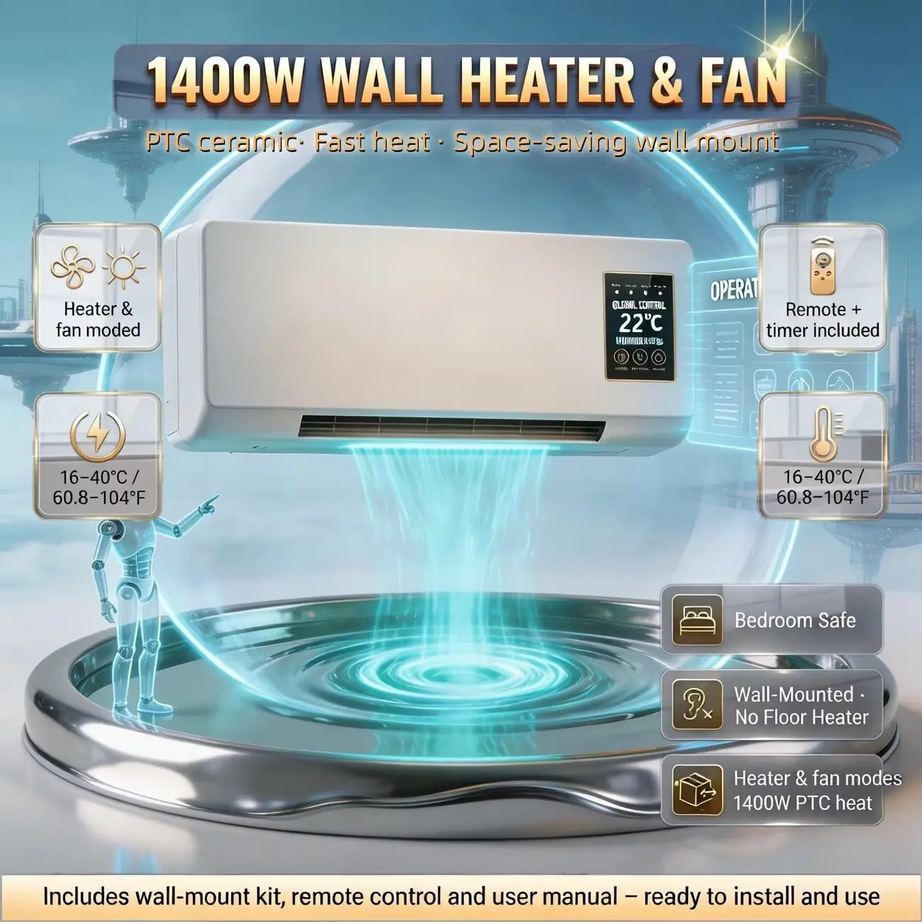 wall mounted heater fan, dual mode air conditioner, 1400W PTC ceramic heater, mini wall ac unit, heating and cooling fan, gentle natural wind, remote control space heater, all season indoor cooler heater
