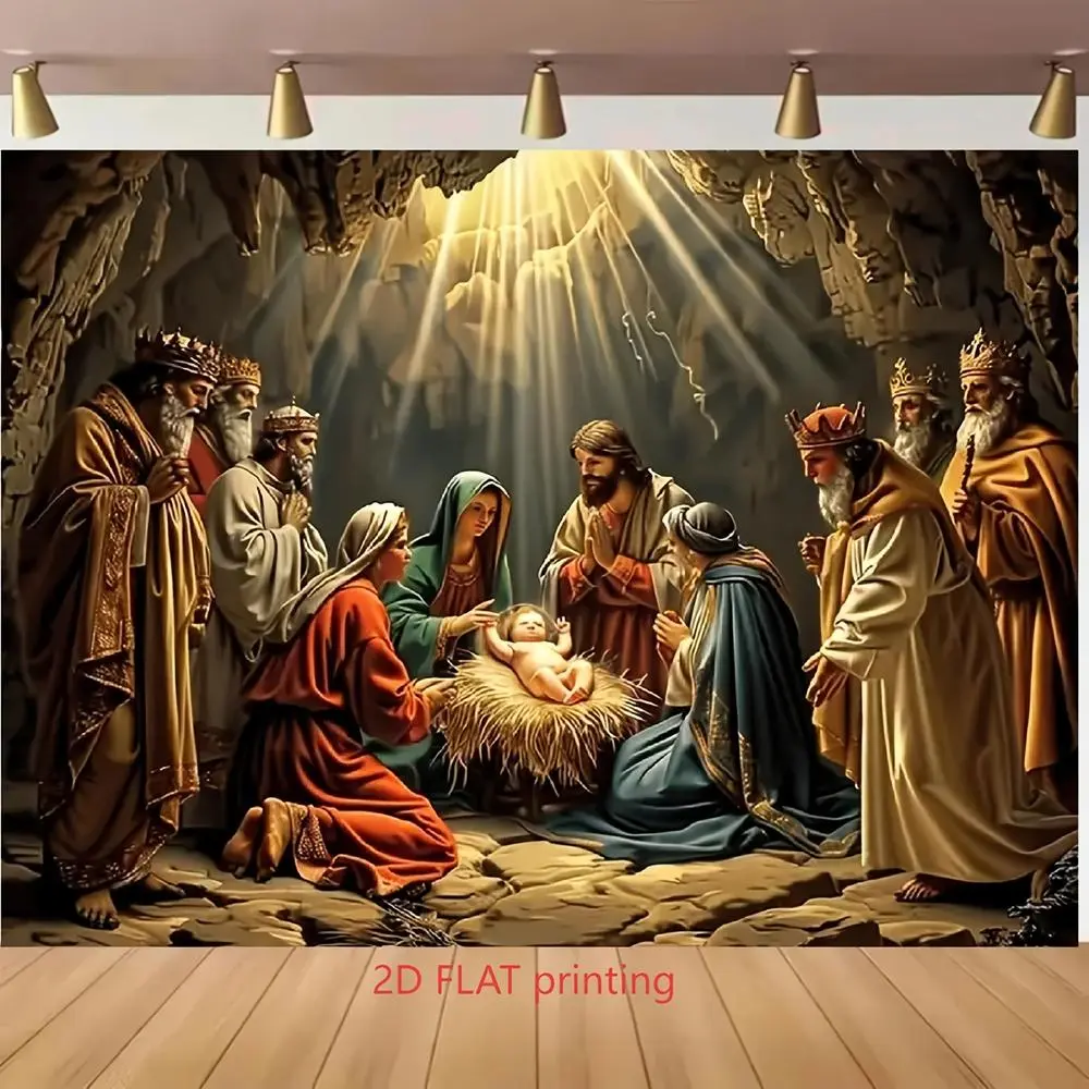 1pc Cordless 2D Flat Christmas Barn Light Scarf Print Tapestry, Polyester Nativity Scene Decorative Banner - No Electricity Required, Indoor/Outdoor Home Decoration for Church Ceremony, Party Backdrop