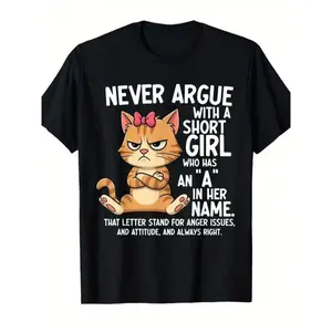 180g Men's Angry Cartoon Cat Graphic T-Shirt Fun Quote Black Tee for Cat Lovers Casual Crewneck Soft Breathable Fabric Machine Washable