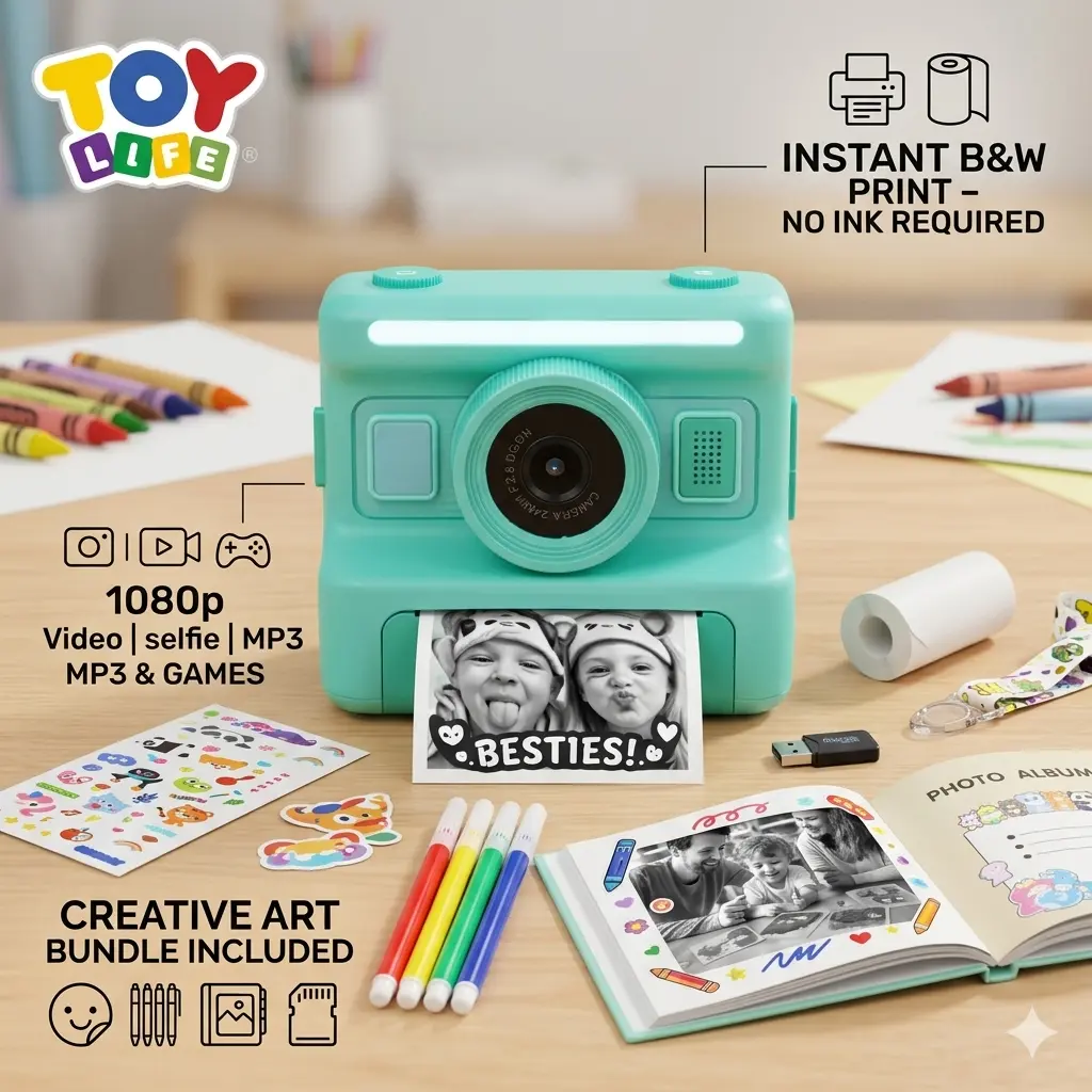 TOY LIFE Kids Instant Print Camera with Creative Bundle: Perfect DIY Memory Maker with 32GB SD Card, Markers, Portable Toddler Toy, Stickers & No-Ink B&W Photos (3+ Years)
