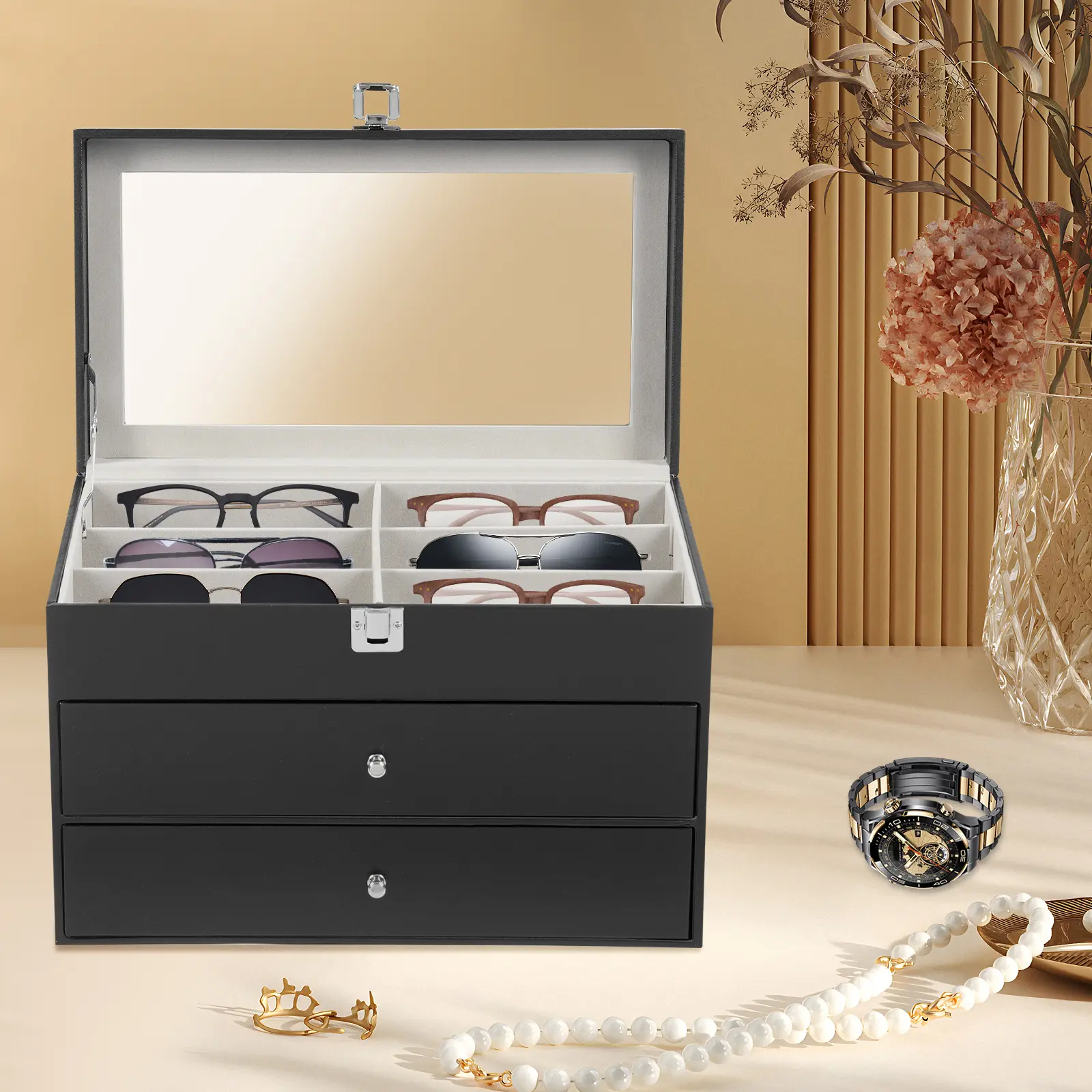 Modern Rectangle Accessories Box - Stylish Glass Lid Storage Organizer with Compartment and Light for Watches & Glasses, Mount