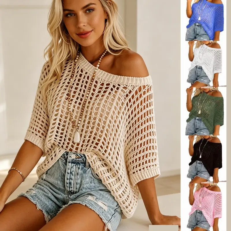 Women's 2026 Summer 5-Quarter Sleeve Hollow Solid Loose-Fitting Pull-On Knit Pullover - Sexy Beach Cover-Up, Aesthetic Casual Women's Tops, Fashion Clothing