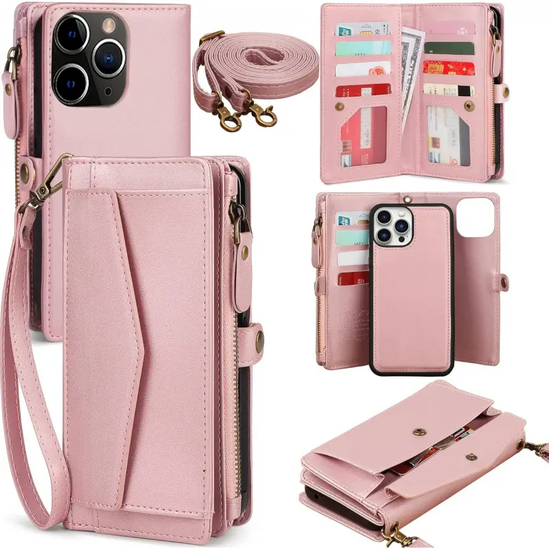 Phone Cases for iPhone 17 Pro Max 16 15 14 13 12 Pro Max Plus Wallet Case for Women, Support Wireless Charging with RFID Blocking Card Holder, PU Leather Wallet Detachable Magnetic Phone Case Crossbody Strap case for iphone 17 Pro Max  Pink