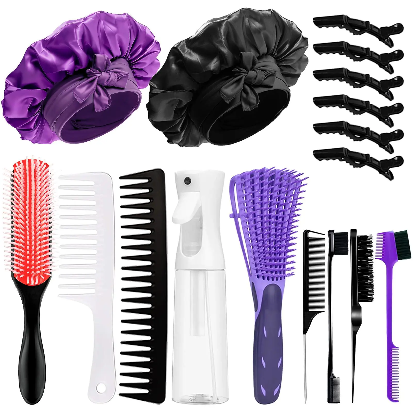 Goiple 17-Piece Curly Hair Set - Detangling Brush (Hair Detangler), 9-Row Wide Teeth Comb, Nylon Bristle Styling Brush, Satin Bonnet, Clips, Edge Tool for Anti-Frizz Bouncy Curls & Protective Styles (Black & Purple)