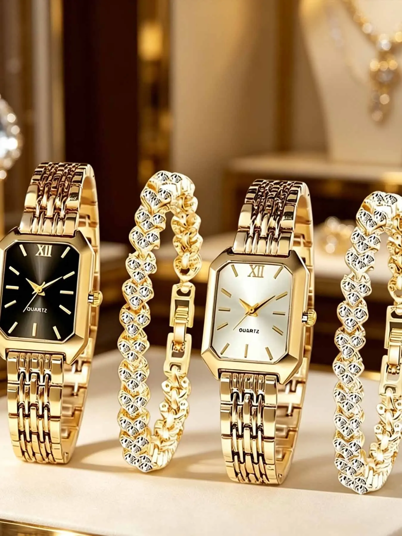 4-Piece Set Elegant Women's Watch and Bracelet, Fashionable Wristwatch Set, Quartz Watches, Analog, Rectangle Dial, Alloy Strap, High Quality Watch, Ideal for Birthday, Mother's Day, Daily Wear