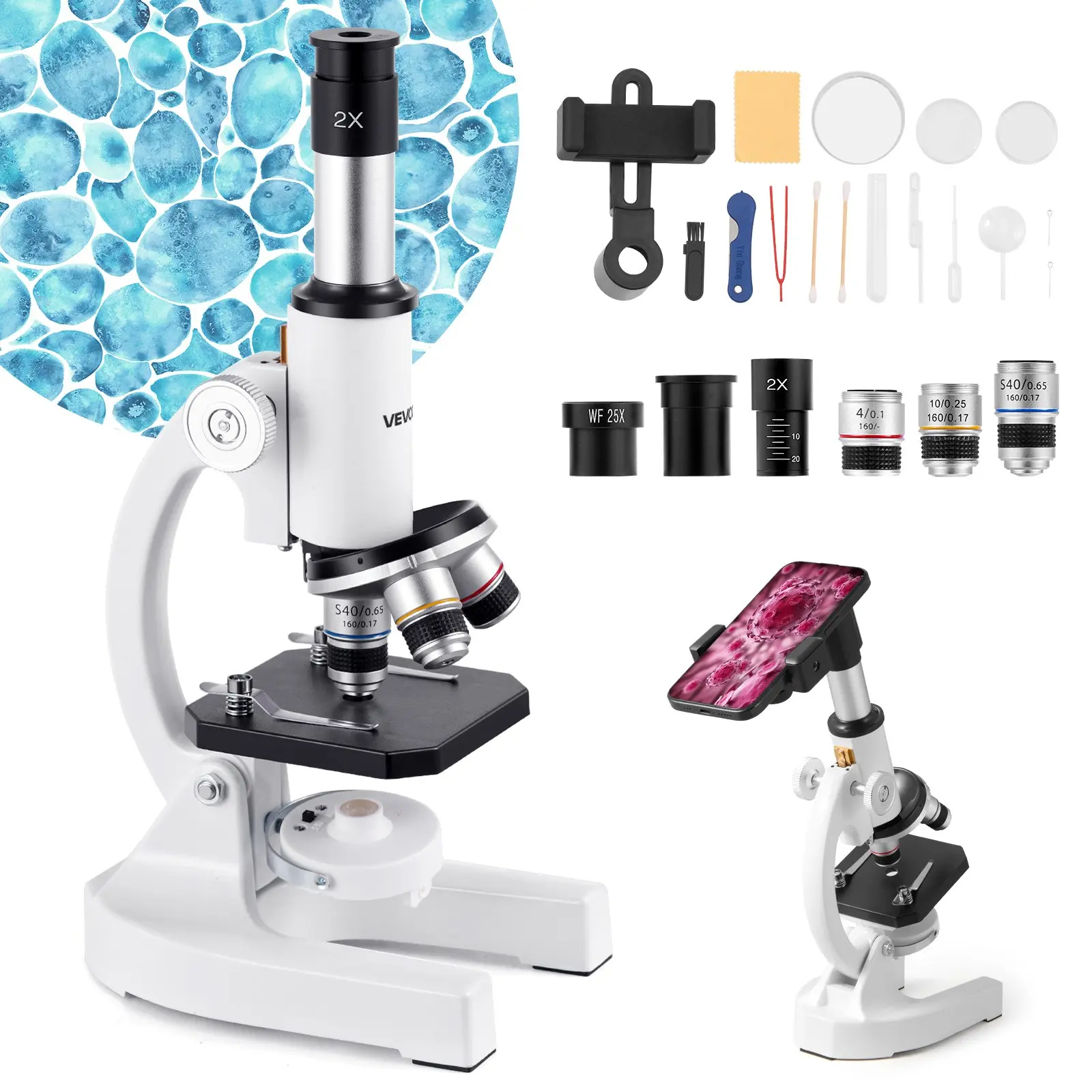VEVOR Professional Laboratory Monocular Compound Microscope (40x-2000x Zoom) with 10X Lens, 360-Degree Rotatable Head, Single Eye Tube, Mobile Phone Adapter, LED Light, Aluminum Alloy Frame, High Clarity - 110 x 160 x 295 mm, 2.12 lbs - for School, Adults