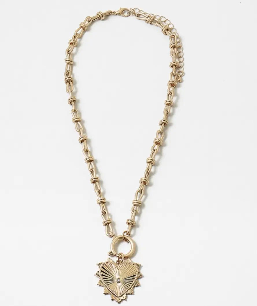 Love and Luck Necklace - Vintage Inspired Gold Toggle with Heart Charm - Trendy Daily Accessory