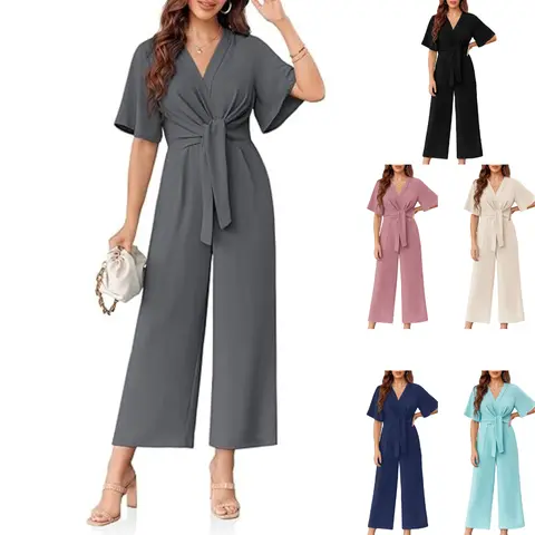 Imily Bela Womens Wide Leg Jumpsuits Short Sleeve V Neck Tie Knot High Waist Summer Long Romper