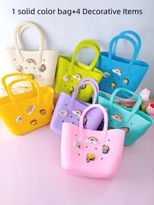 Pure Color Silicone Material Handbag Set with DIY Cartoon Accessories, Beach Bag, Bathroom Storage, Evening Party Bag, Grocery Bag, Casual Trendy Handbag