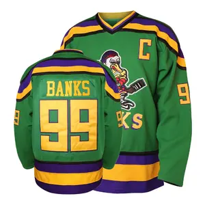 Mighty Ducks Ice Hockey Jersey Charlie Conway 96 & Adam Banks 99 90s Hip Hop Green Black Long Sleeved Loose Fit Breathable Quick Drying Mesh Polyester Machine Washable