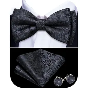 Paisley Striped Bow Tie for Men Silk Pre-Tied Bowtie Pocket Square Cufflinks Set Formal Wedding Party Prom