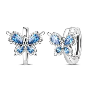 925 SterlingSilver Blue Crystal Butterfly Hoop Earrings For Women Jewelry