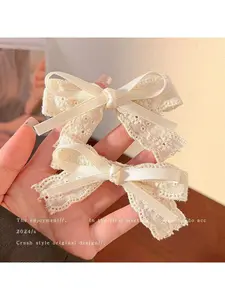 2Pcs Cream White Lace Bow Flower Hair Clips - Aesthetic Cottagecore Hair Accessories