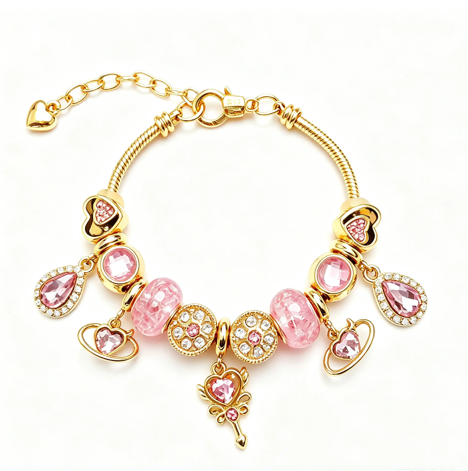 Sparkle & Sweetness: Pink Crystal Heart Charm Bracelet - Gold Snake Chain Adjustable Bangle for Her