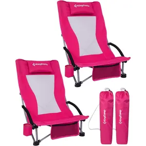 KingCamp 2-Pack Low Beach Chair, High Back Folding Camping Chair for Adults, Oversized Breathable Mesh Seat, 300lbs Heavy Duty Portable Chair with Cup Holder & Storage Pockets for Beach, Outdoor