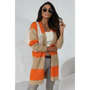 Orange Colorblock Ribbed Knit Cardigan - Casual Style with Colorful Design, Comfortable Fit, Ideal for Everyday Wear