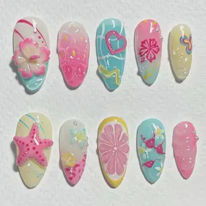 3D Peach & Orange Fruit Press On Nails Hand-Painted Lemon Slice Daisy Flower Fake Nails Summer Orchard Inspired Luxury Nails