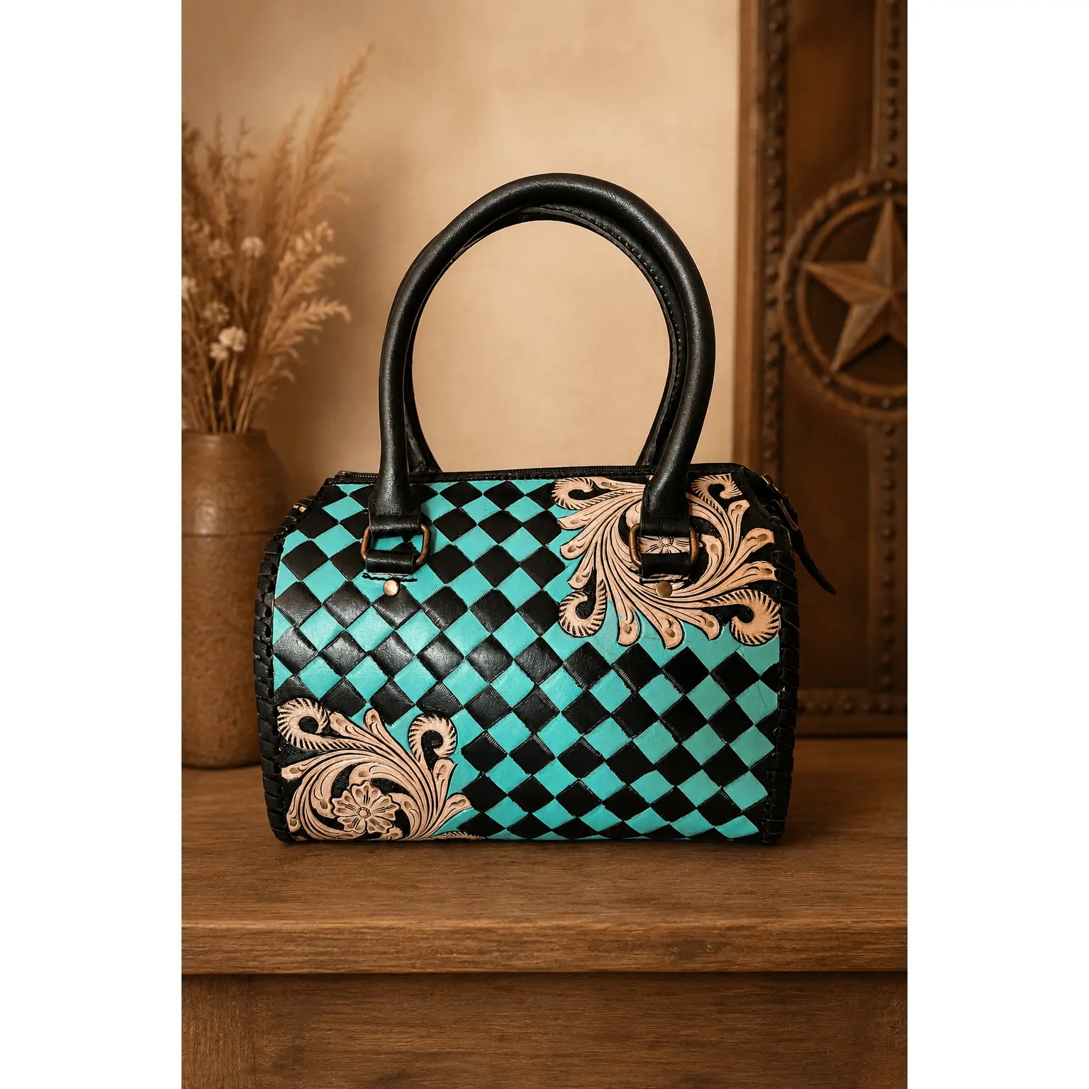 Western Tooled Leather Handbag for Women, Turquoise Checkerboard Crossbody Purse with Adjustable Strap, Crossbody Leather Bag, Leather Handbags