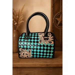 Women's Turquoise Checkerboard Hand-Tooled Crossbody Leather Bag, Western Edge Design, Adjustable Strap, Luxe Speedy Handbag