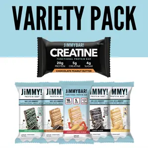 JiMMYBAR! Protein Variety Pack - 20g Protein, Creatine, Collagen, Caffeine, Omega-3s, MCT Oil for Brain Health - Real Peanuts, Chocolate, Strawberry, Vanilla Snack/Meal
