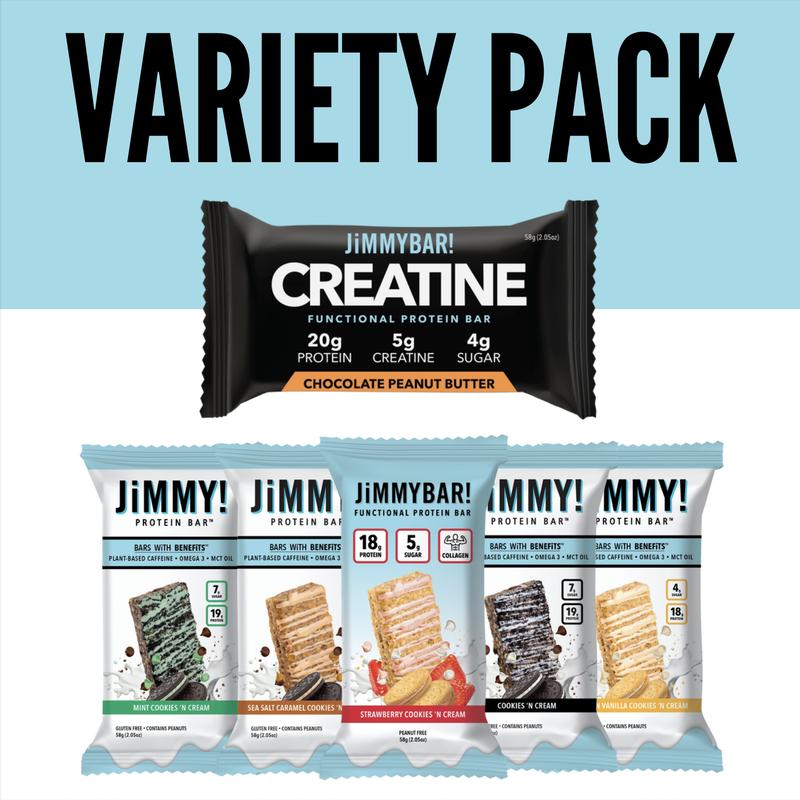 JiMMYBAR! Protein Variety Pack - 20g Protein, Creatine, Collagen, Caffeine, Omega-3s, MCT Oil for Brain Health - Real Peanuts, Chocolate, Strawberry, Vanilla Snack/Meal
