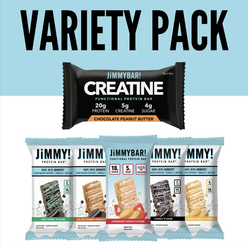 JiMMYBAR! Protein Variety Pack - 20g Protein, Creatine, Collagen, Caffeine, Omega-3s, MCT Oil for Brain Health - Real Peanuts, Chocolate, Strawberry, Vanilla Snack/Meal