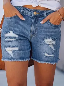 Women's Blue Washed Ripped Denim Capri Jeans, Summer 2026 New High-Waisted A-Line Loose Wide Leg Pants, Casual Button Fly Closure