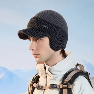 Winter warm knitted baseball cap with large head circumference, fleece lining, ear flaps, and a visor; suitable for outdoor activities and cycling.