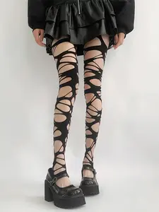 Sexy Fishnet Stockings Punk Style Ripped Bandage Socks Y2K Fashion Womenswear, Natural Waist, All Seasons, Plain Pattern