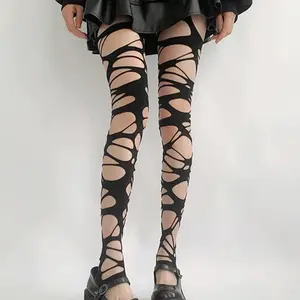 Sexy Fishnet Stockings Punk Style Ripped Bandage Socks Y2K Fashion, Natural Waist, All Seasons, Plain Pattern