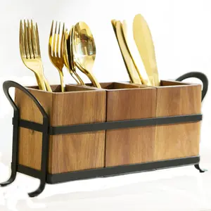 Utensil Silverware Cutlery Holder with 3 Compartment, Wooden Utensil Crock Flatware Organizers with Tray, Rustic Utensil Organizers for Farmhouse and Countertop