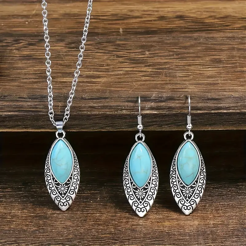 Bohemian Vintage Turquoise Necklace + Earring Jewelry Set , Ethnic Women Turquoise Dangle Earrings Silvery Intricate Leaf Engraved Pendant Necklace Handmade Vacation Travel Jewelry Gift Set