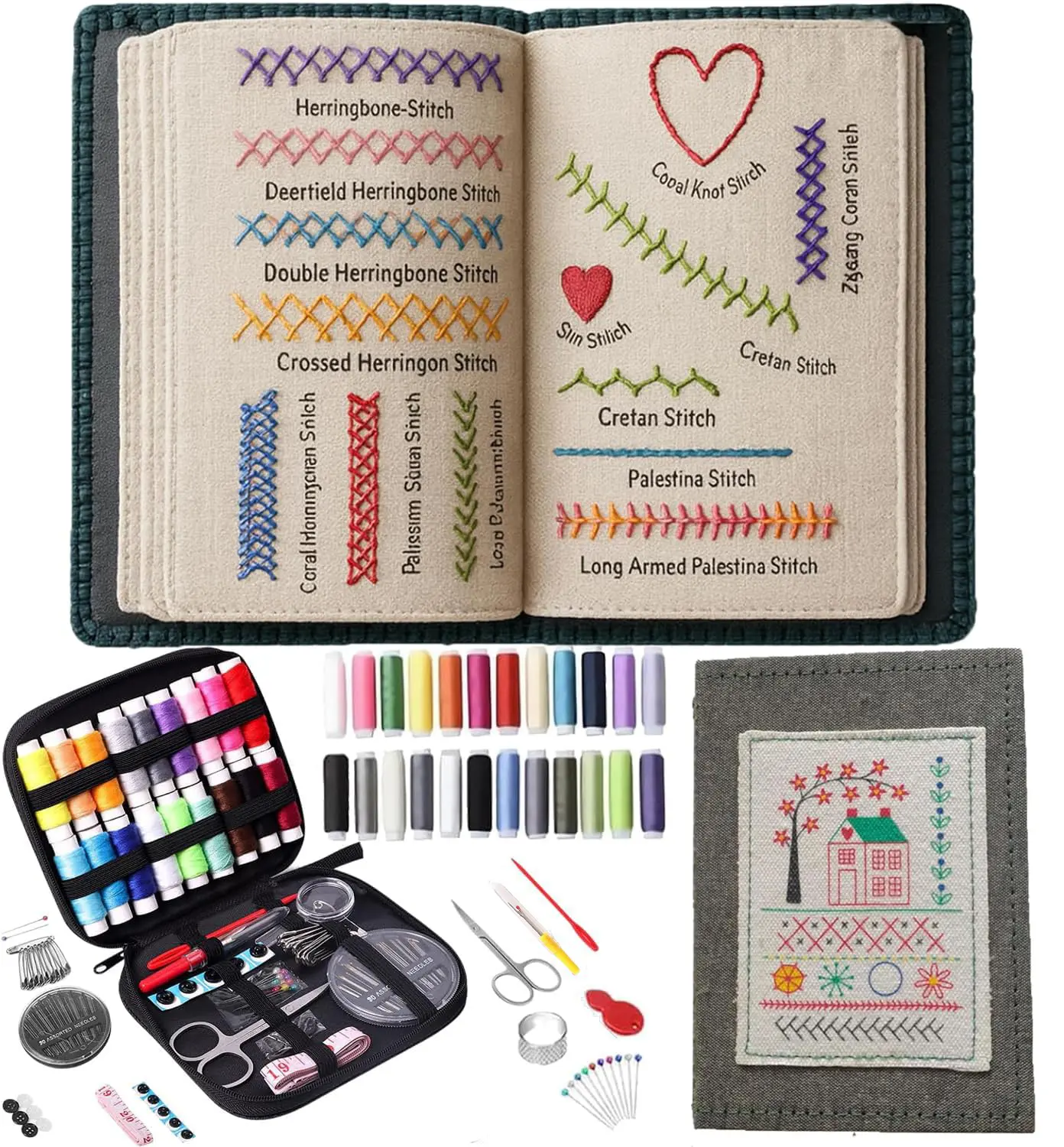 Upgraded Embroidery Stitch Book Kit 106 Patterns Tools Tutorials 86 PCS Beginner Set Portable All in One Hand Embroidery Book for Adults DIY Craft Lovers