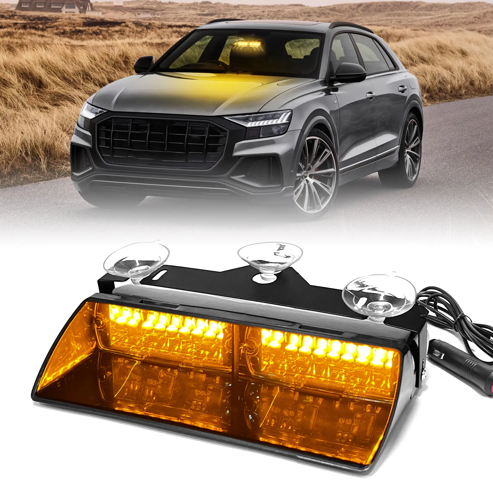 DIBMS 16 LED Dash Strobe Light for Windshield,Amber Warning Light with 18 Flash Modes, Suction Cup Mount 12V Vehicle Safety Light for Car Truck SUV