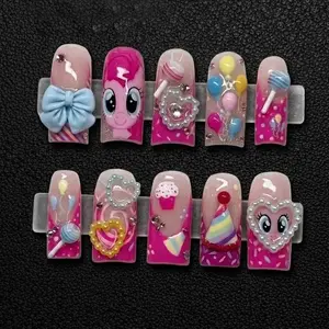 Handmade Pinkie Pie Press On Nails | 3D My Little Pony Cartoon Art | Kawaii Pink Aesthetic Sweet Birthday Party Candy Nails