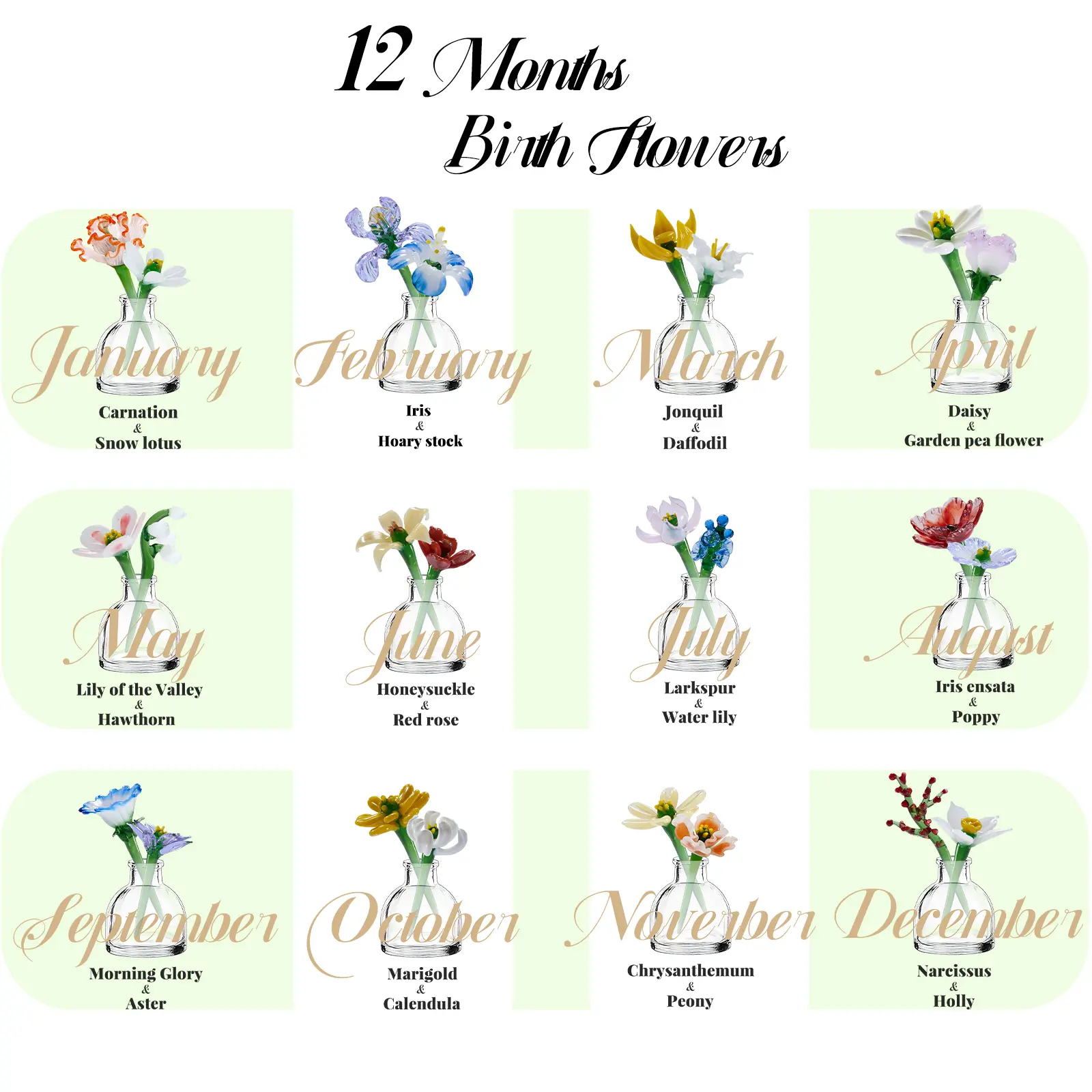 Luxury 12 Months Birth Flower Handmade Glass Bouquet with Vase Set, 100% Hand-Blown Crystal Miniature Plant Figurine, Personalized Birthday Gift for Her Mom Women, Aesthetic Home Office Desk Tabletop Sculpture Decor Ornament