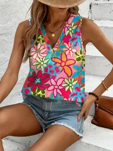 A ladies' floral-print V-neck sleeveless top with an elegant and versatile style, perfect for a beach vacation.