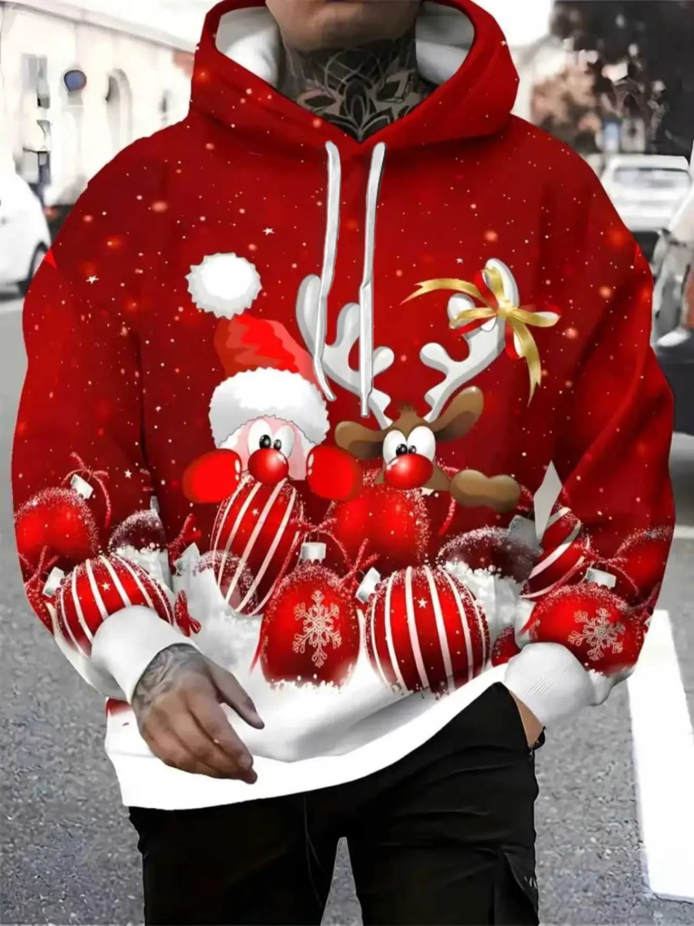 Men's Christmas Fitted Pullover Hoodie with Santa Hat and Reindeer Graphic Pattern, Holiday Sweater for Party, Casual Winter Sweatshirts Clothing, Comfortable Gift