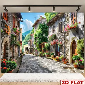 2D Flat Banner, 1pc Oversized European Village Floral Backdrops - Classic Architecture Poster Featuring Blossoming Flowers And Cobblestone Paths - Ideal Large Decoration for Weddings, Birthdays
